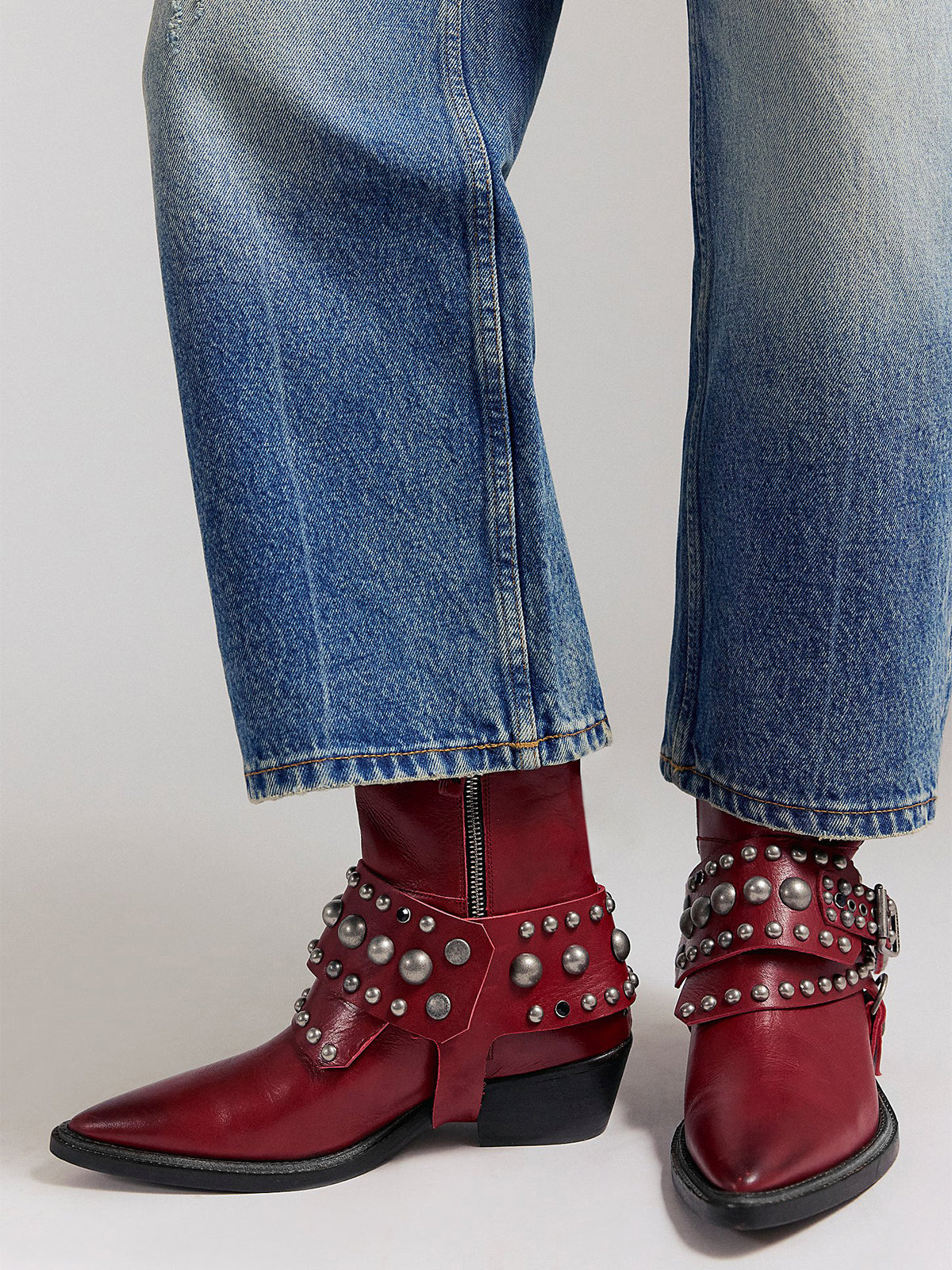 Red Pointed-Toe Studded Buckle Strap Full-Zip Ankle Cowgirl Boots