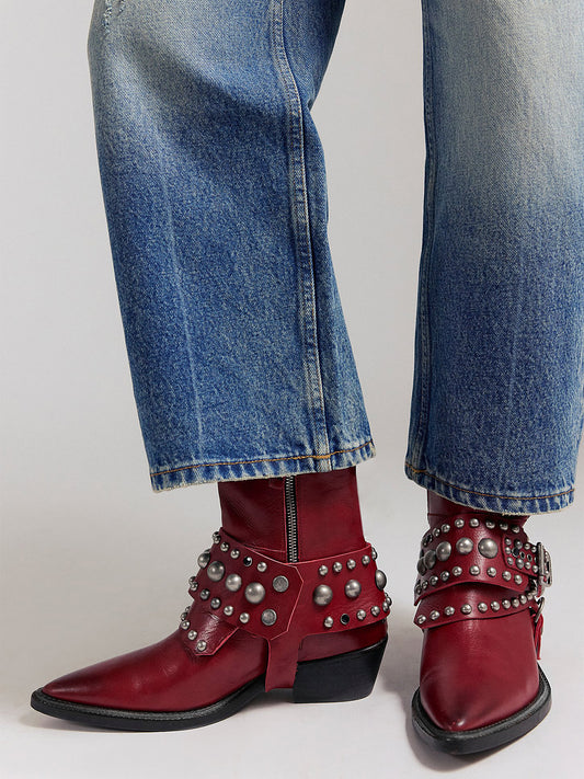 Red Pointed-Toe Studded Buckle Strap Full-Zip Ankle Cowgirl Boots