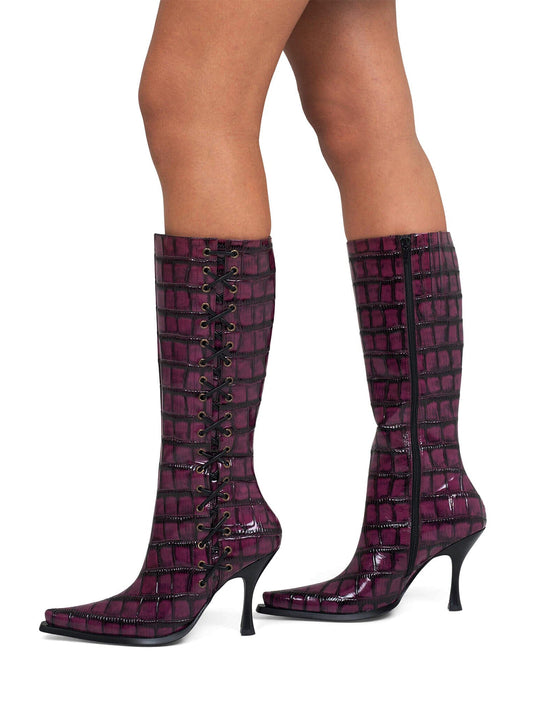 Wine Black Pointed-Toe Side Lace-Up And Full-Zip Wide Calf Knee High Stiletto Boots