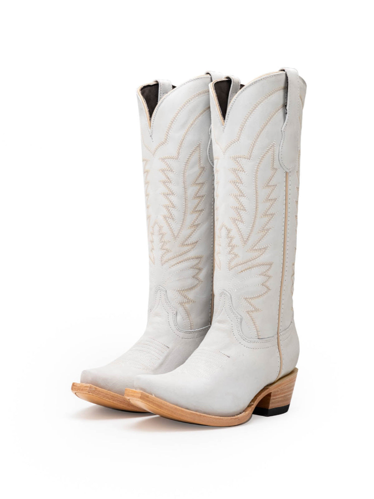 Snip-Toe Sleek Embroidery Wide Calf Knee High Cowgirl Boots For Woman - Ivory