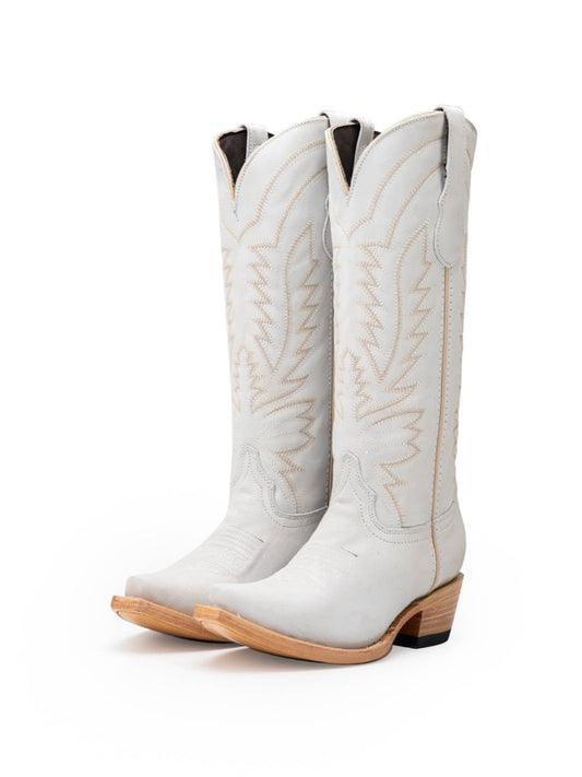 Snip-Toe Sleek Embroidery Wide Calf Knee High Cowgirl Boots For Woman - Ivory