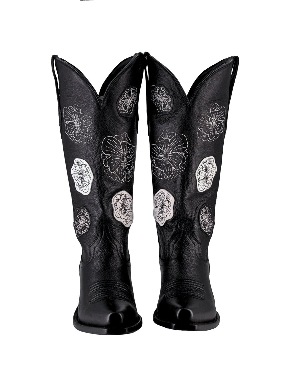 Black Snip-Toe Flowers Applique Chic Mid Calf Cowgirl Boots