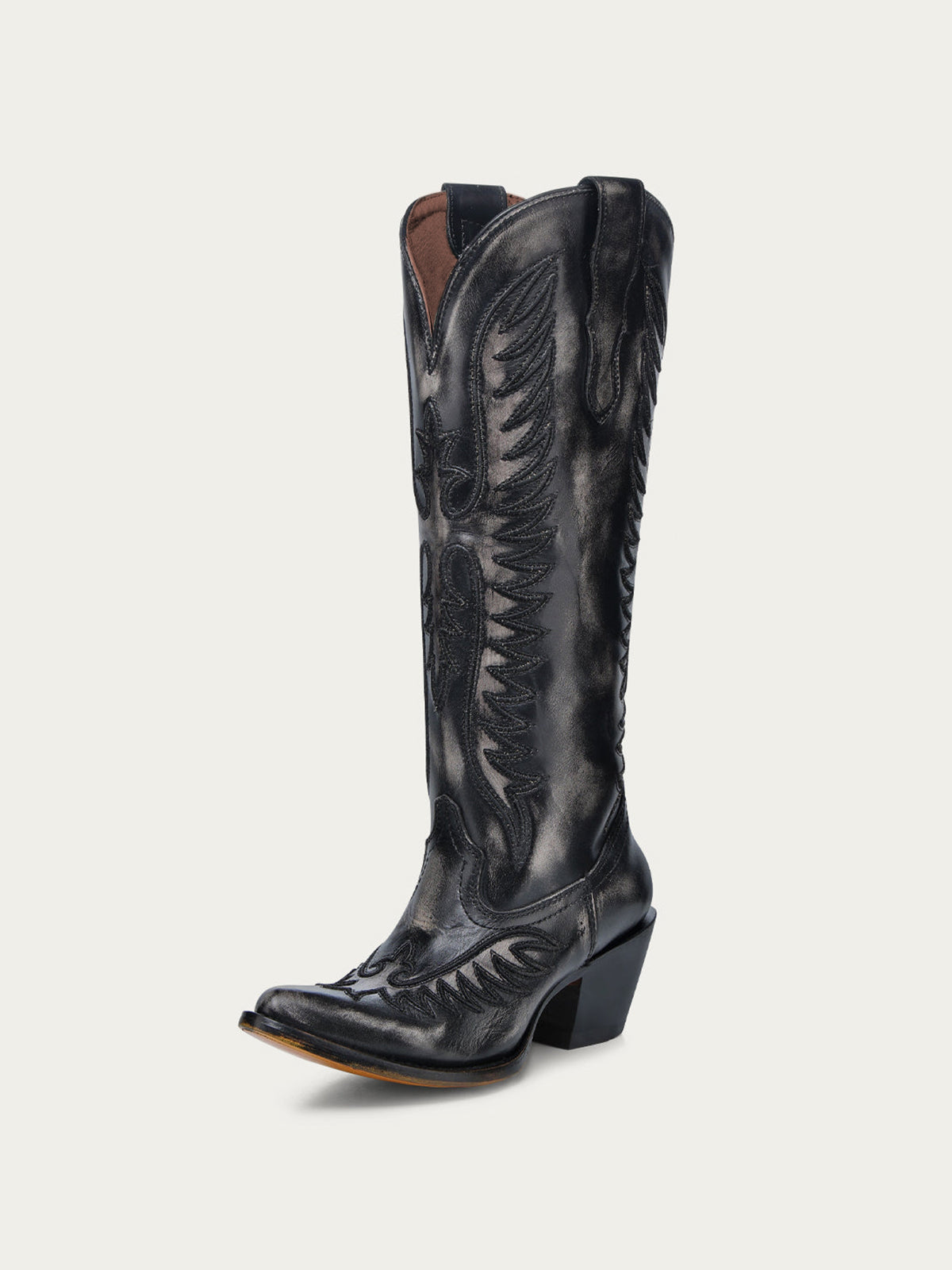 Vintage Black Almond-Toe Chic Embroidery Half-Zip Knee High Cowgirl Boots