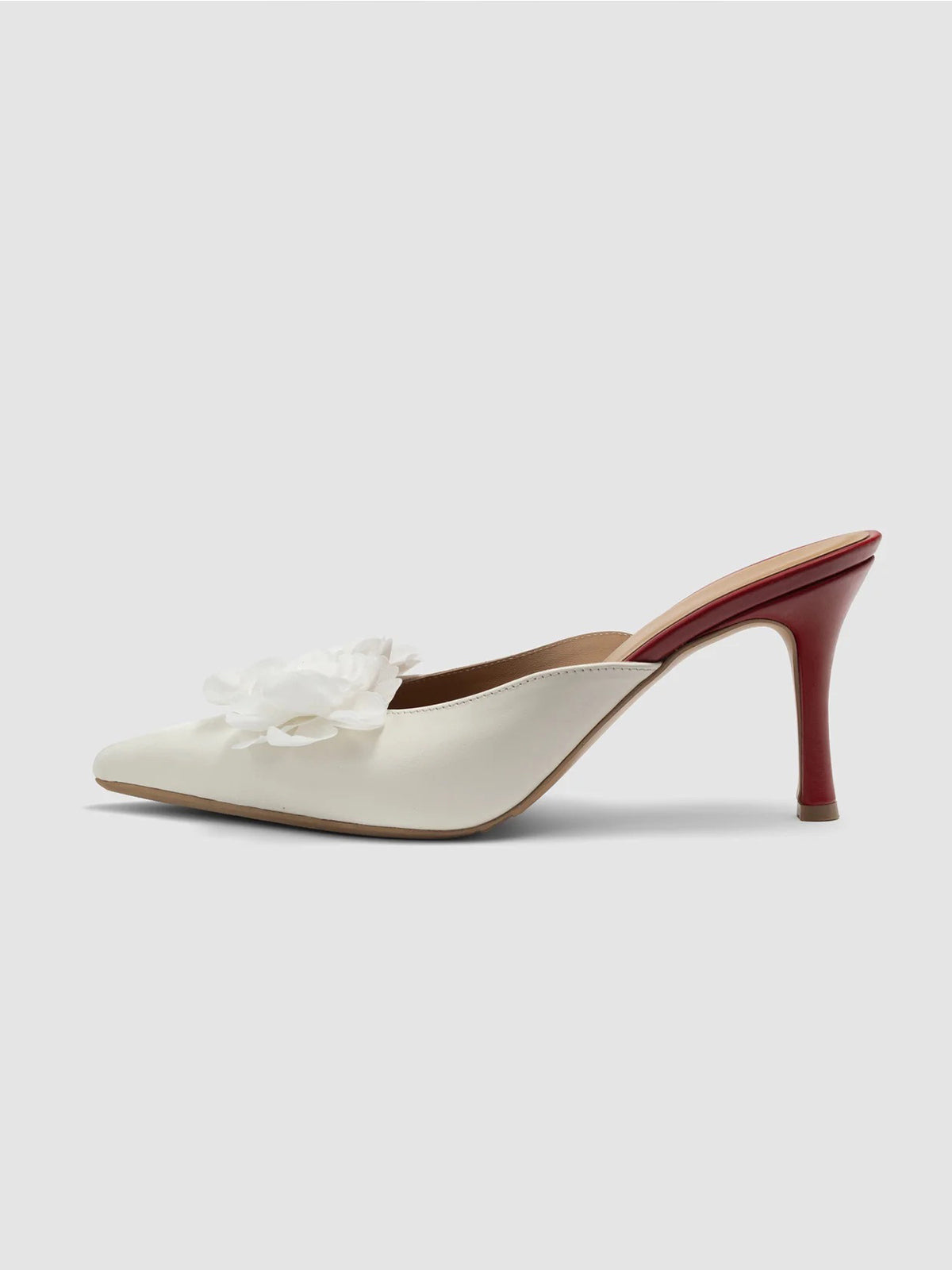 Ivory Pointed-Toe Front Floral Detail Backless Chic High Heels