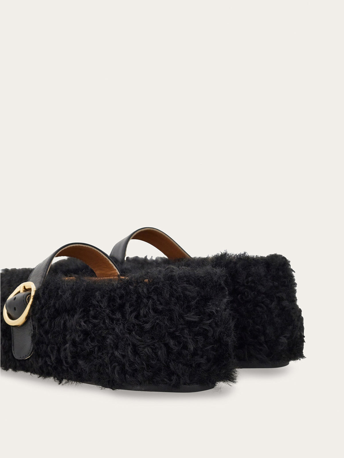 Black Plush Square-Toe Vegan Leather Bridge Strap Ballet Flats