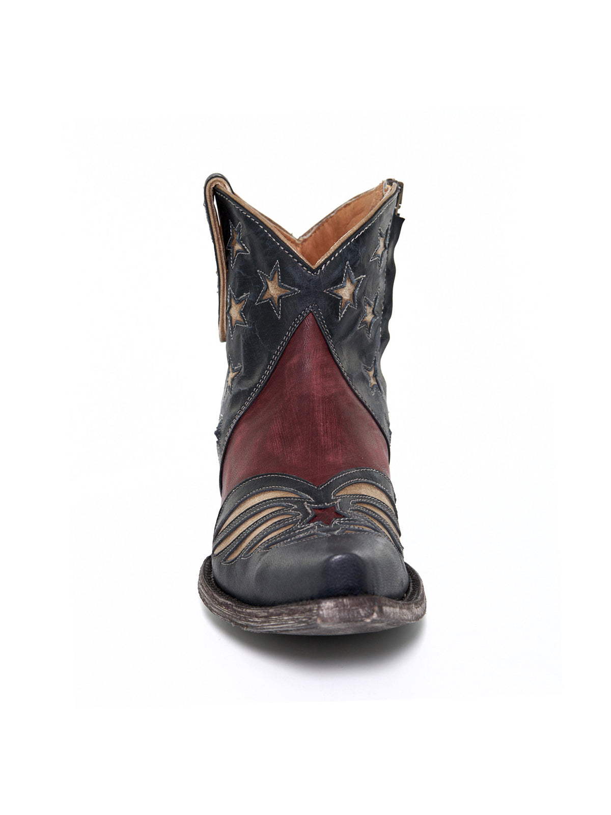 Contrast Tri-Color Snip-Toe Stars Inlay Full-Zip Ankle Cowgirl Boots