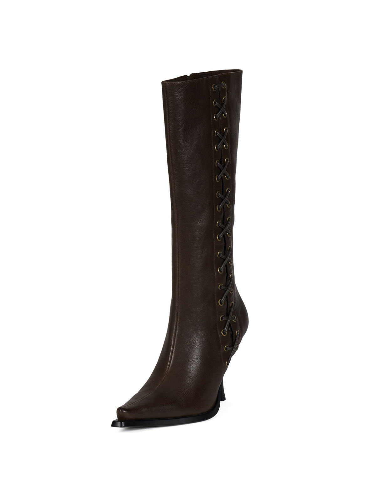 Dark Brown Pointed-Toe Side Lace-Up And Full-Zip Wide Calf Knee High Stiletto Boots