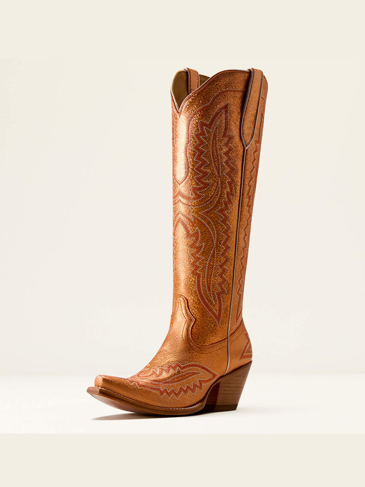 Western Embroidery Tall Snip-Toe Half-Zip Knee High Cowgirl Boots - Metallic Rose Gold