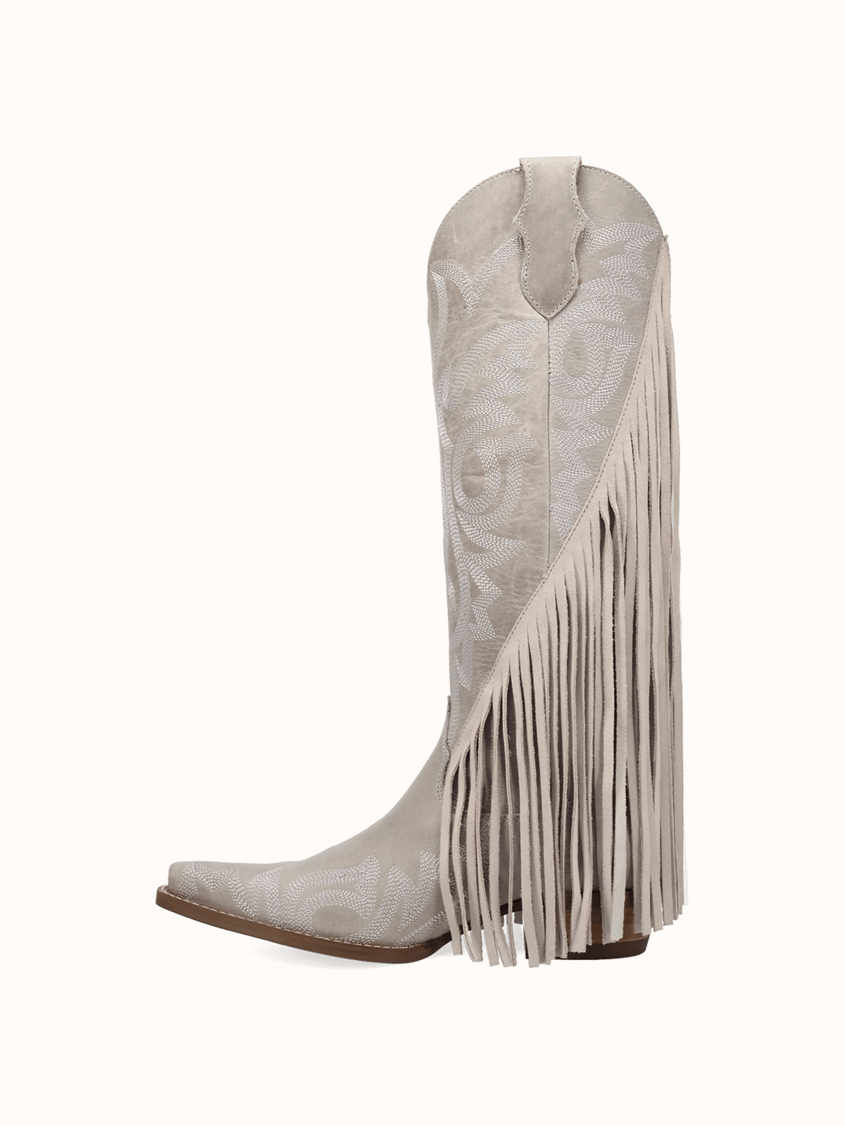 Bone Snip-Toe Faux Suede Side Fringe Embroidery Wide Calf Knee High Cowgirl Boots