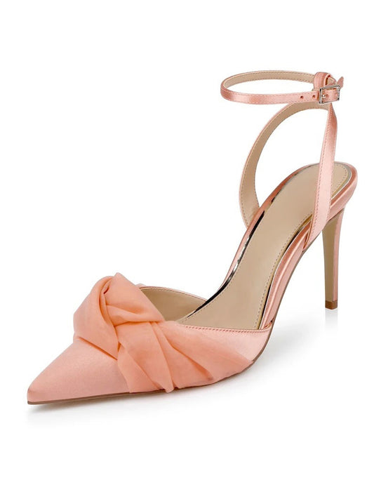 Pink Satin Pointed-Toe Front Soft Knot Slingback Ankle Strap High Heels
