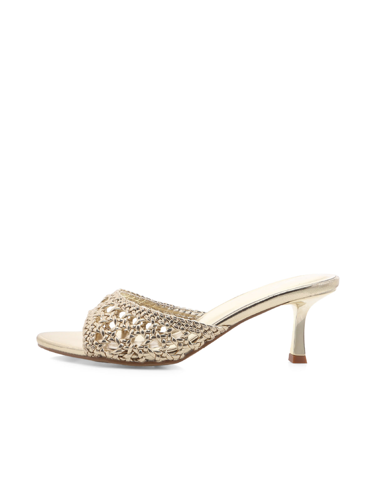 Gold Vegan Leather Woven Open Round-Toe Slip-On Kitten Heels