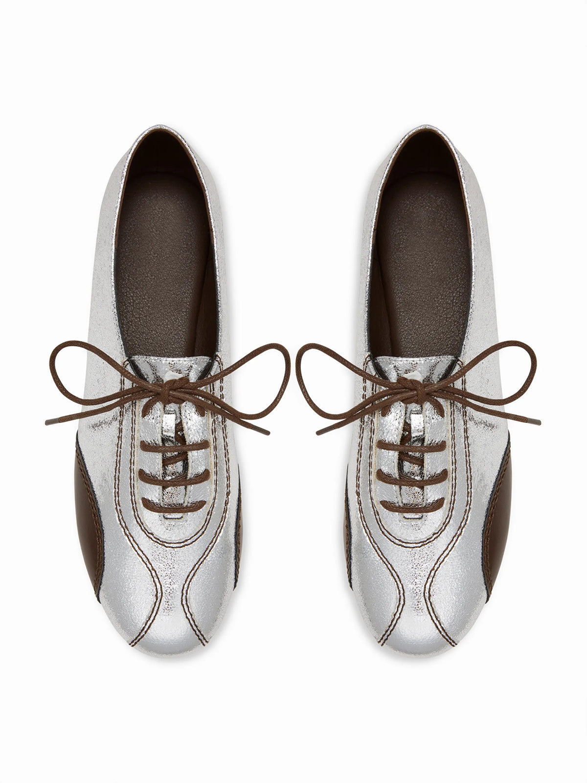 Metallic Silver Leather And Cow Leather Square-Toe Lace-Up Flats Sneakers