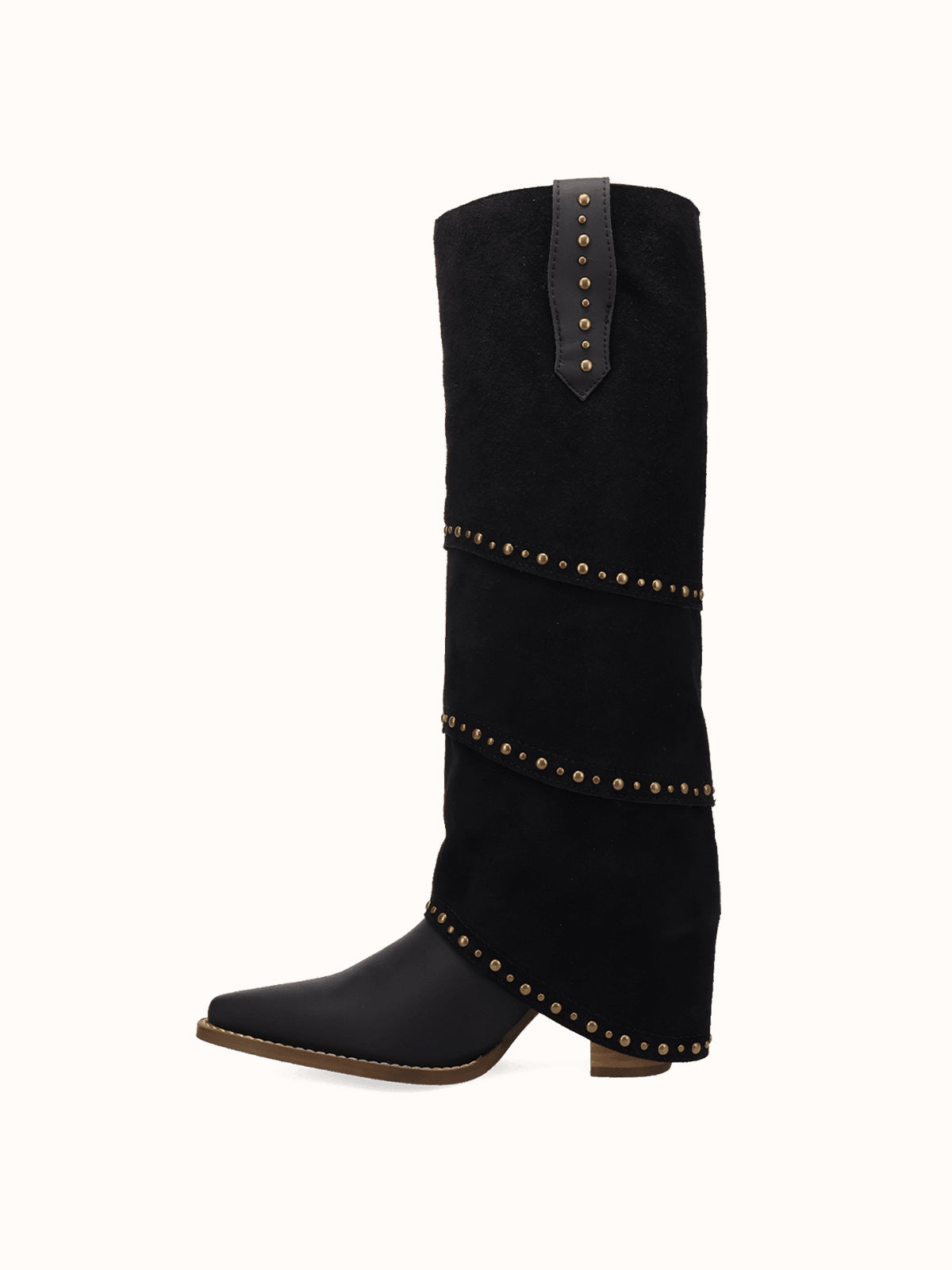 Black Snip-Toe Faux Suede Fold-Over With Studs Wide Calf Knee High Cowgirl Boots