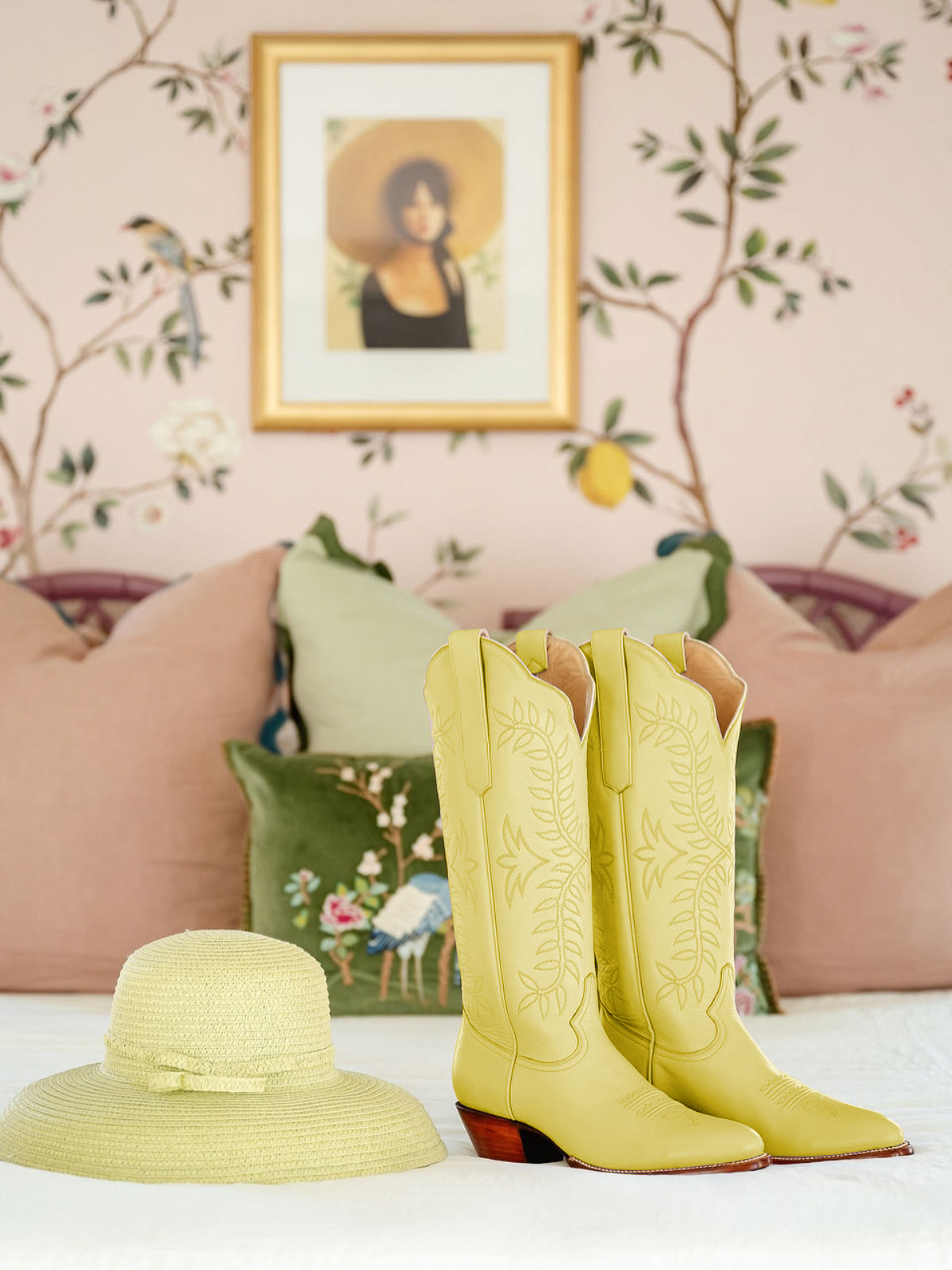 Leaves Embroidery Almond-Toe Wide Knee High Cowgirl Boots - Yellow