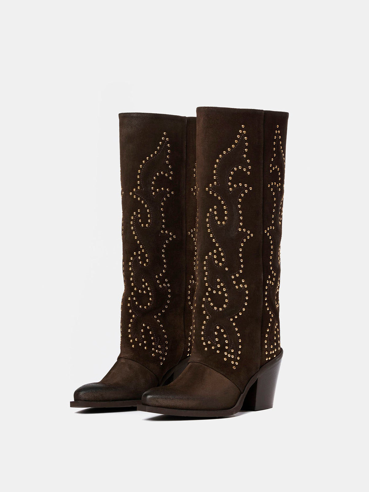 Brown Faux Suede Snip-Toe Embroidery Gold Studs Wide Calf Knee High Cowgirl Boots