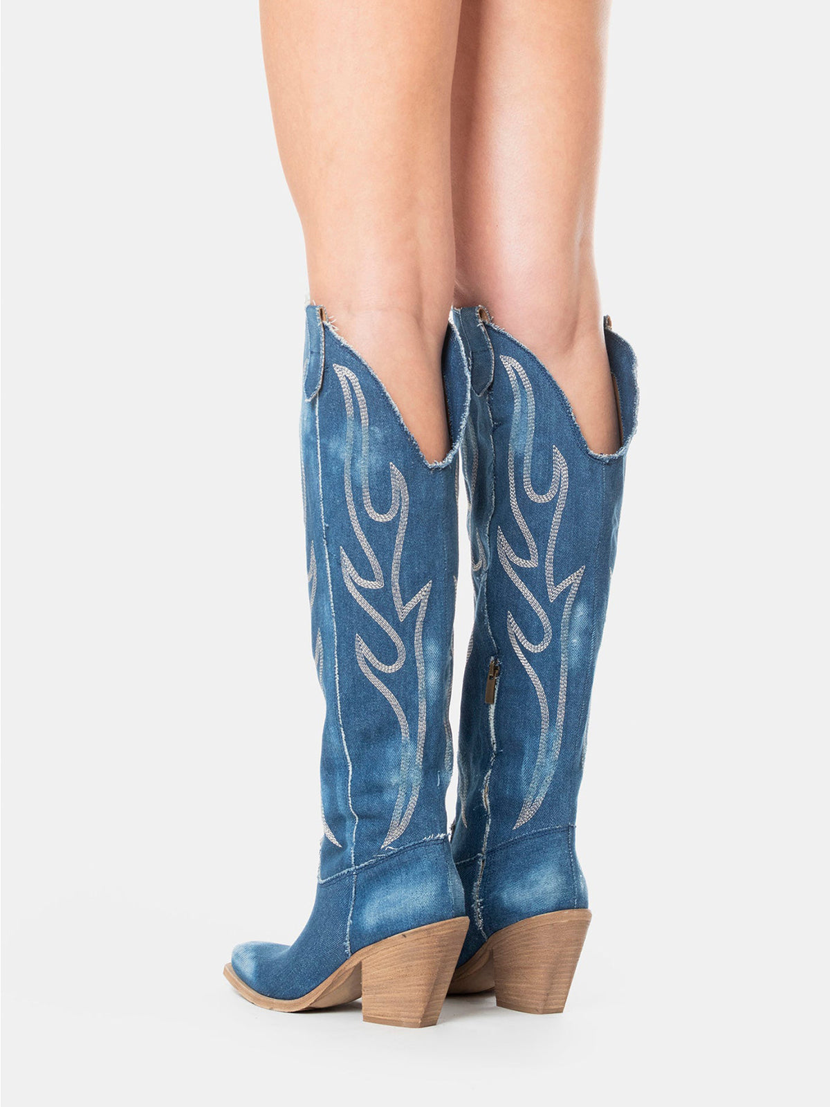 Blue Denim Snip-Toe Half-Zip Chic Embroidery Knee High Cowgirl Boots