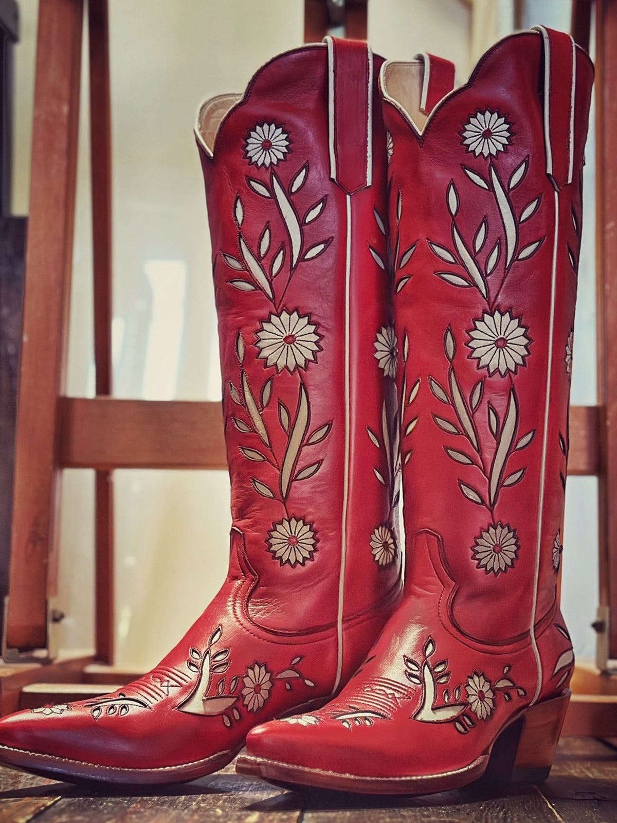 Red Pointed-Toe White Sunflower Inlay Wide Calf Knee High Cowgirl Boots