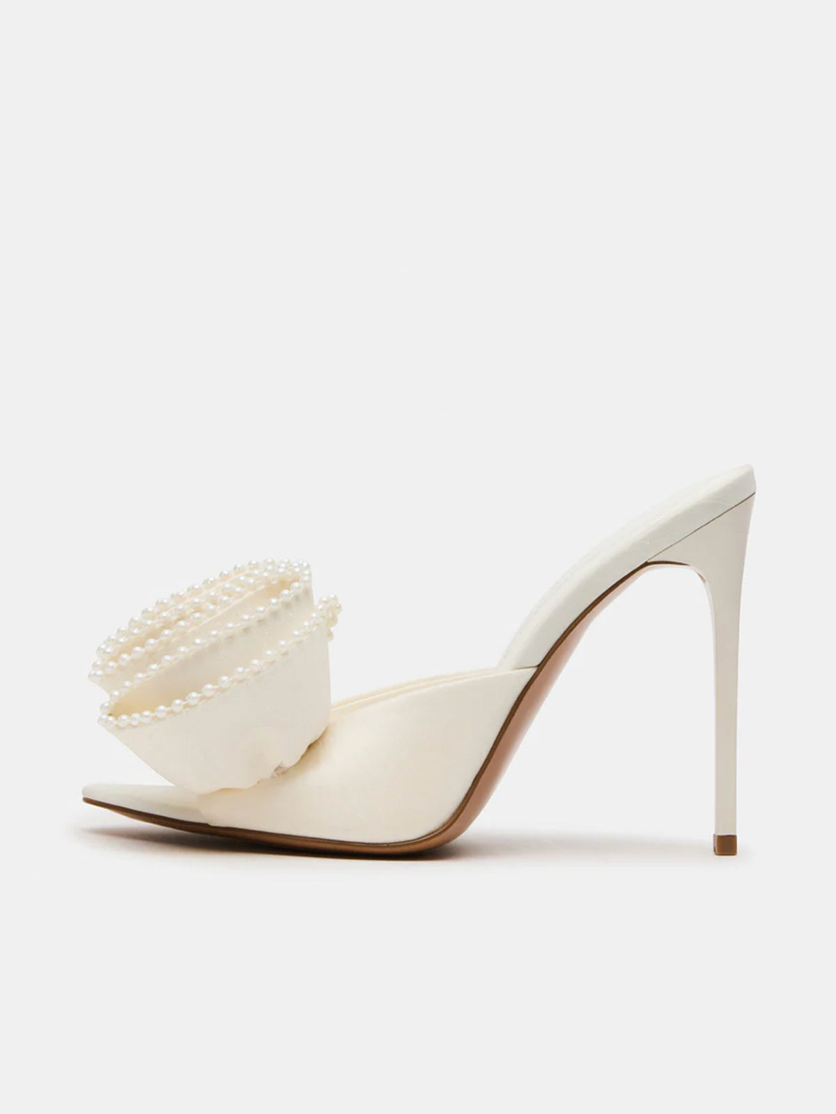 Pointed-Toe Slip-On Pearl Ruffle High Heels - Ivory