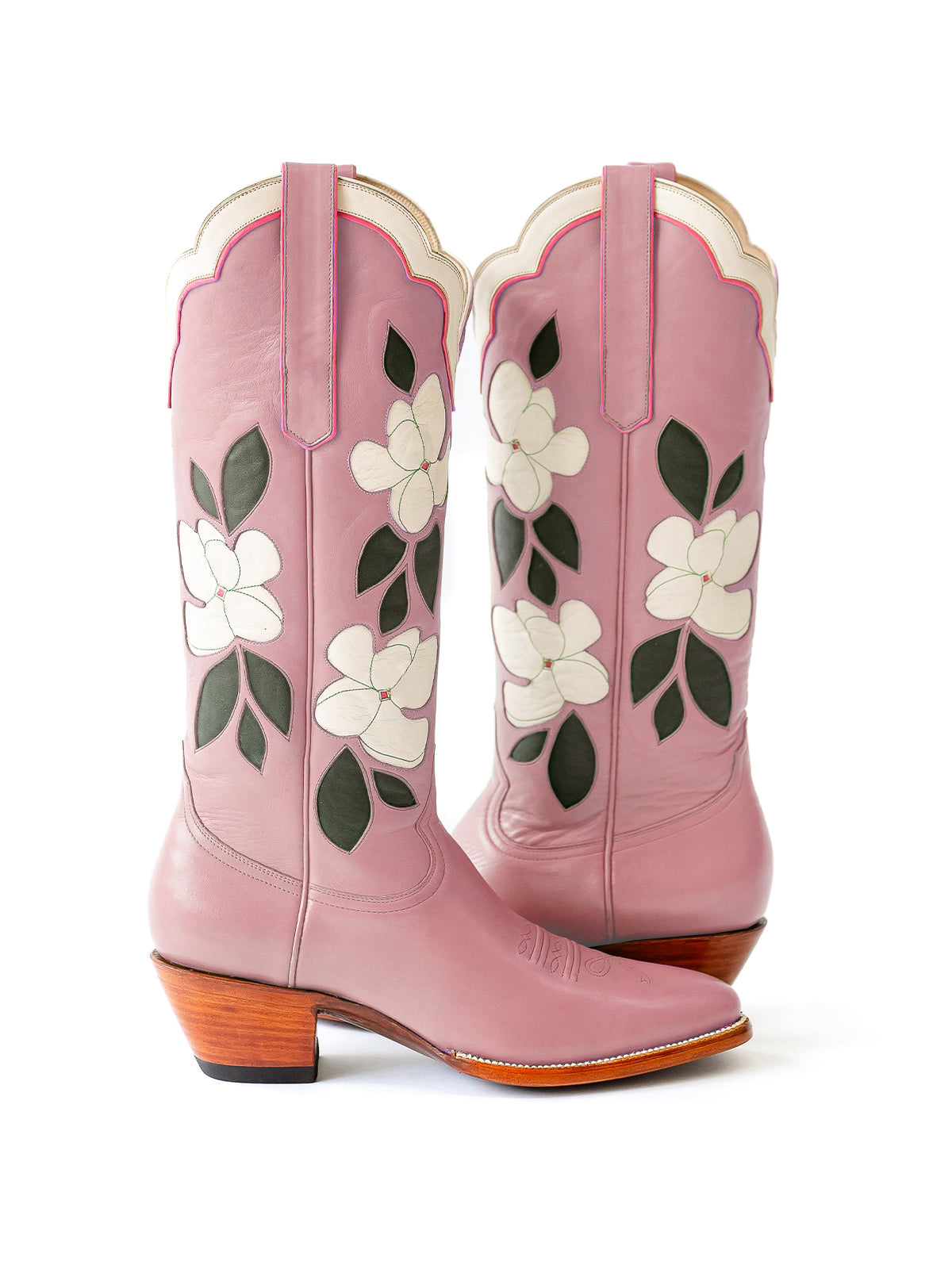 Dusty Pink Almond-Toe White Flower Inlay Wide Calf Knee High Cowgirl Boots