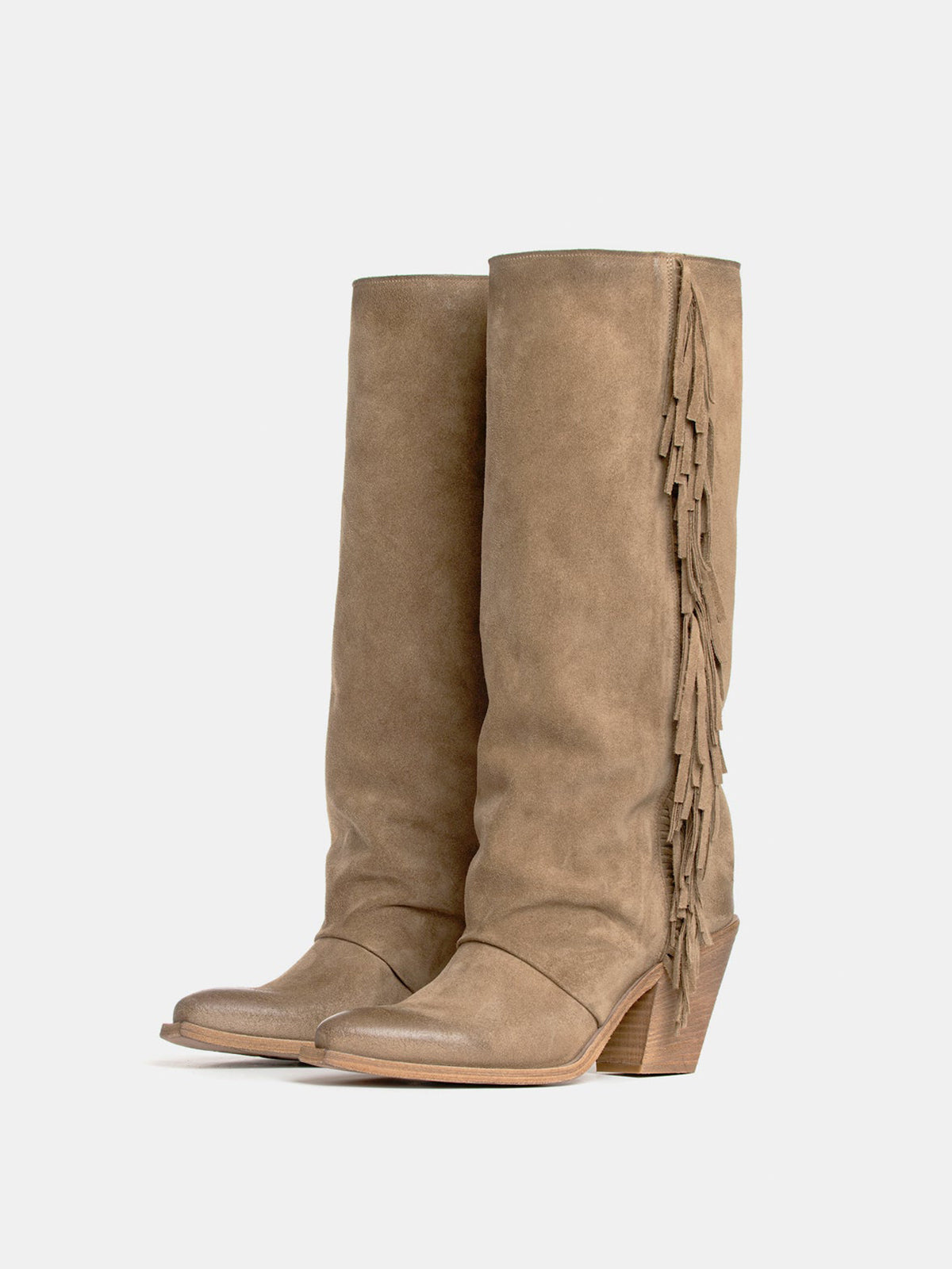 Taupe Faux Suede Snip-Toe Side Fringe Wide Calf Knee High Cowgirl Boots