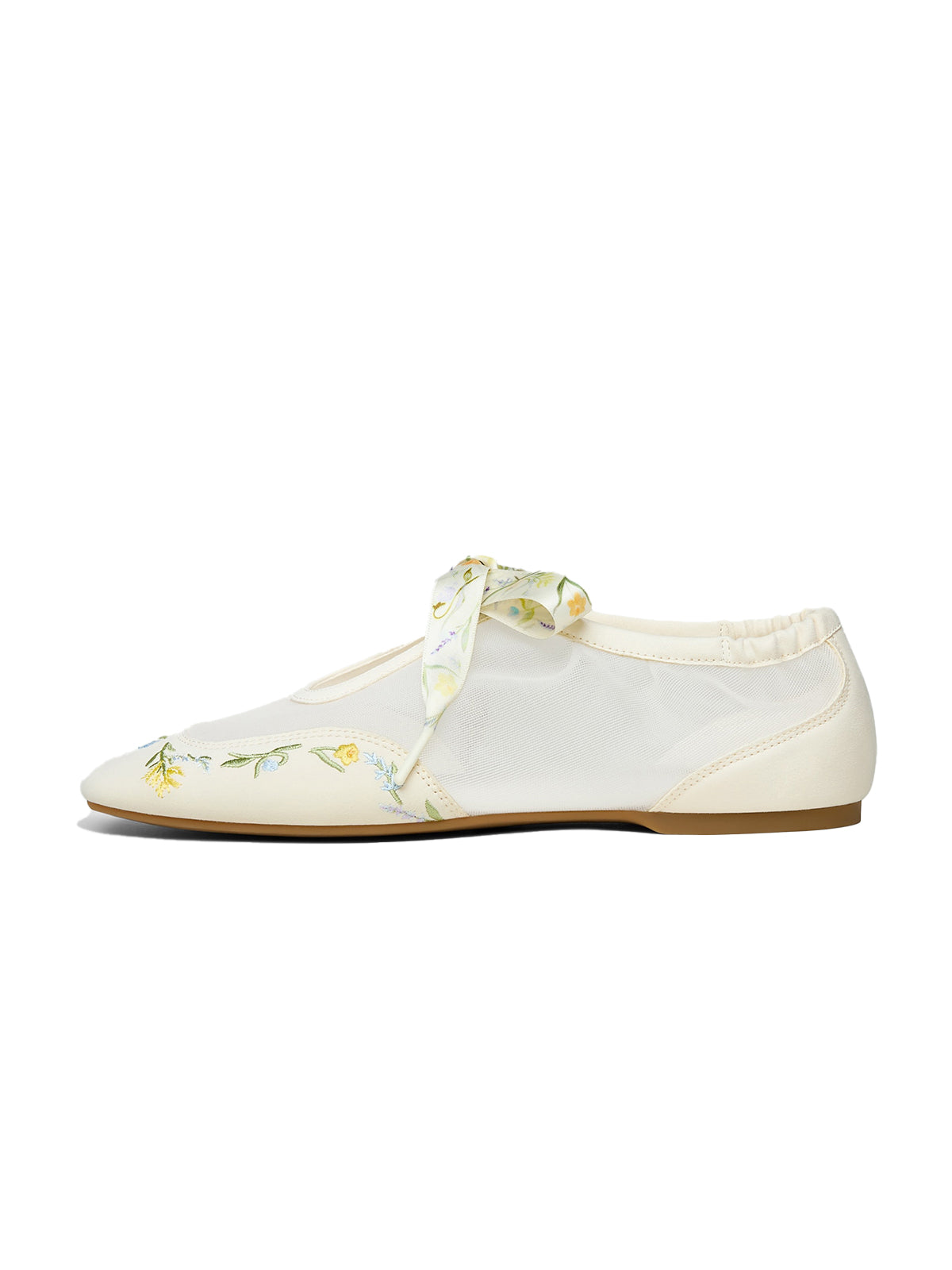 Cream Mesh And Faux Suede Square-Toe Floral Embroidery Bridge Bow Strap Flats