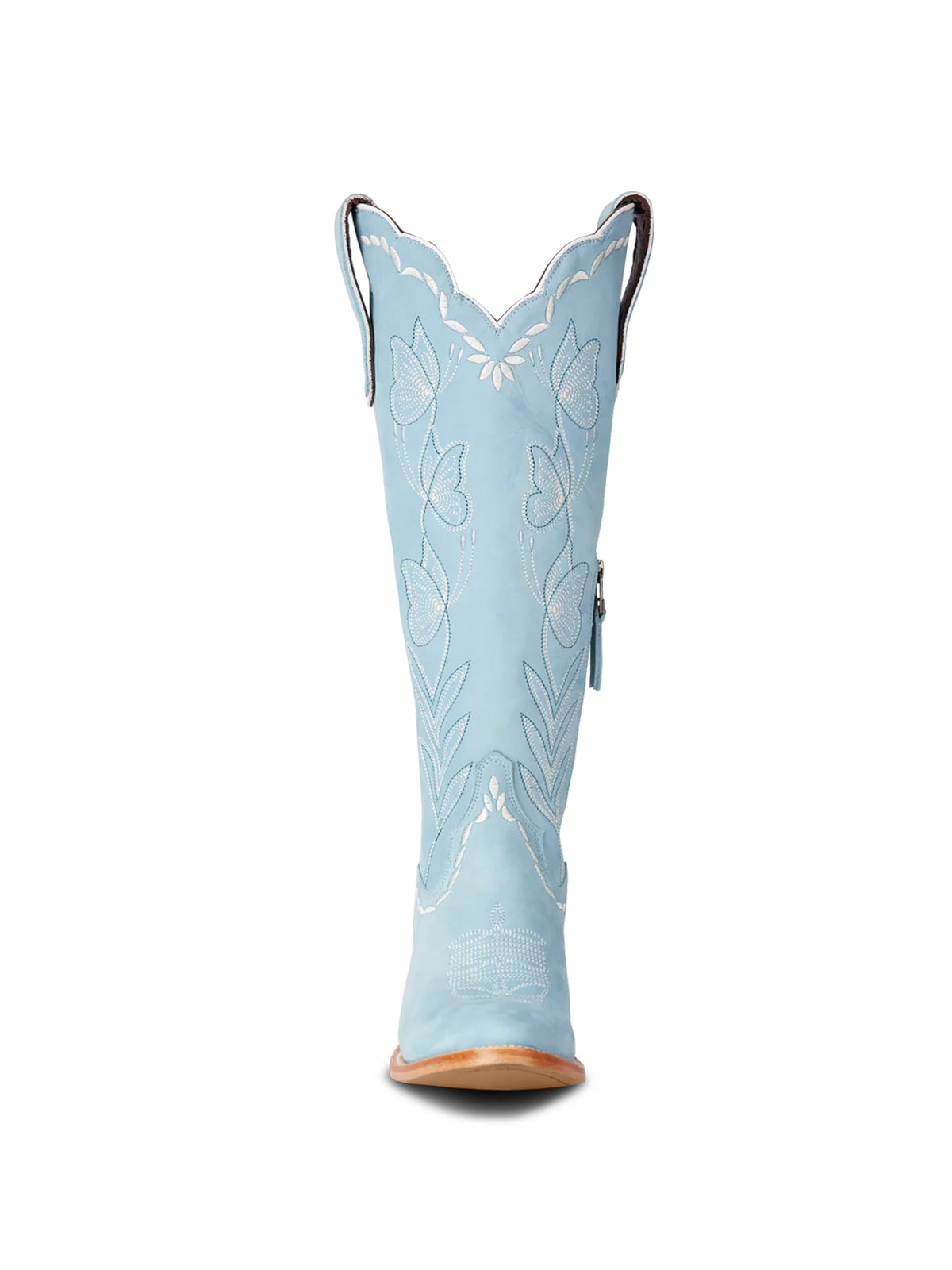 Almond-Toe Elegant Flowers Embroidery Knee High Half-Zip Cowgirl Boots - Powder Blue