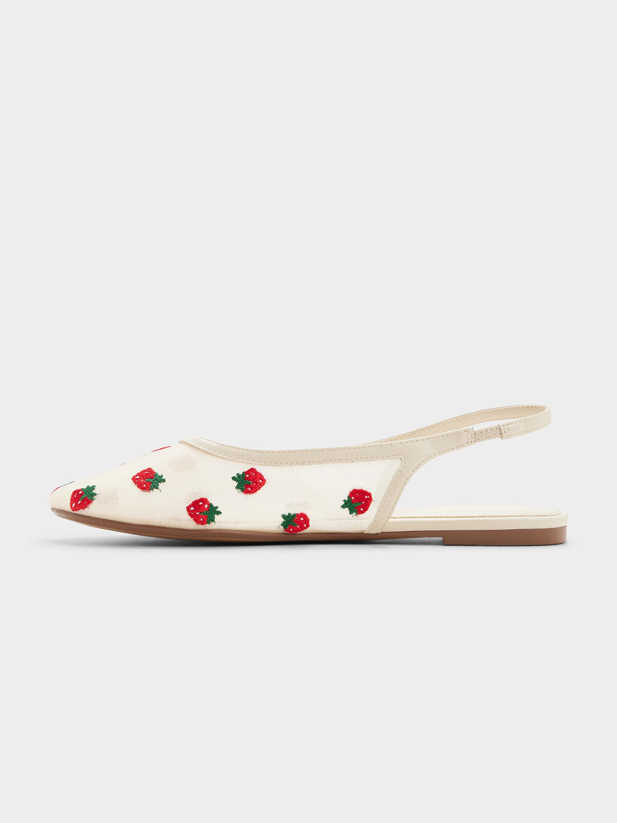 Cream Mesh Round-Toe Strawberry Embroidery Chic Back Strap Flats