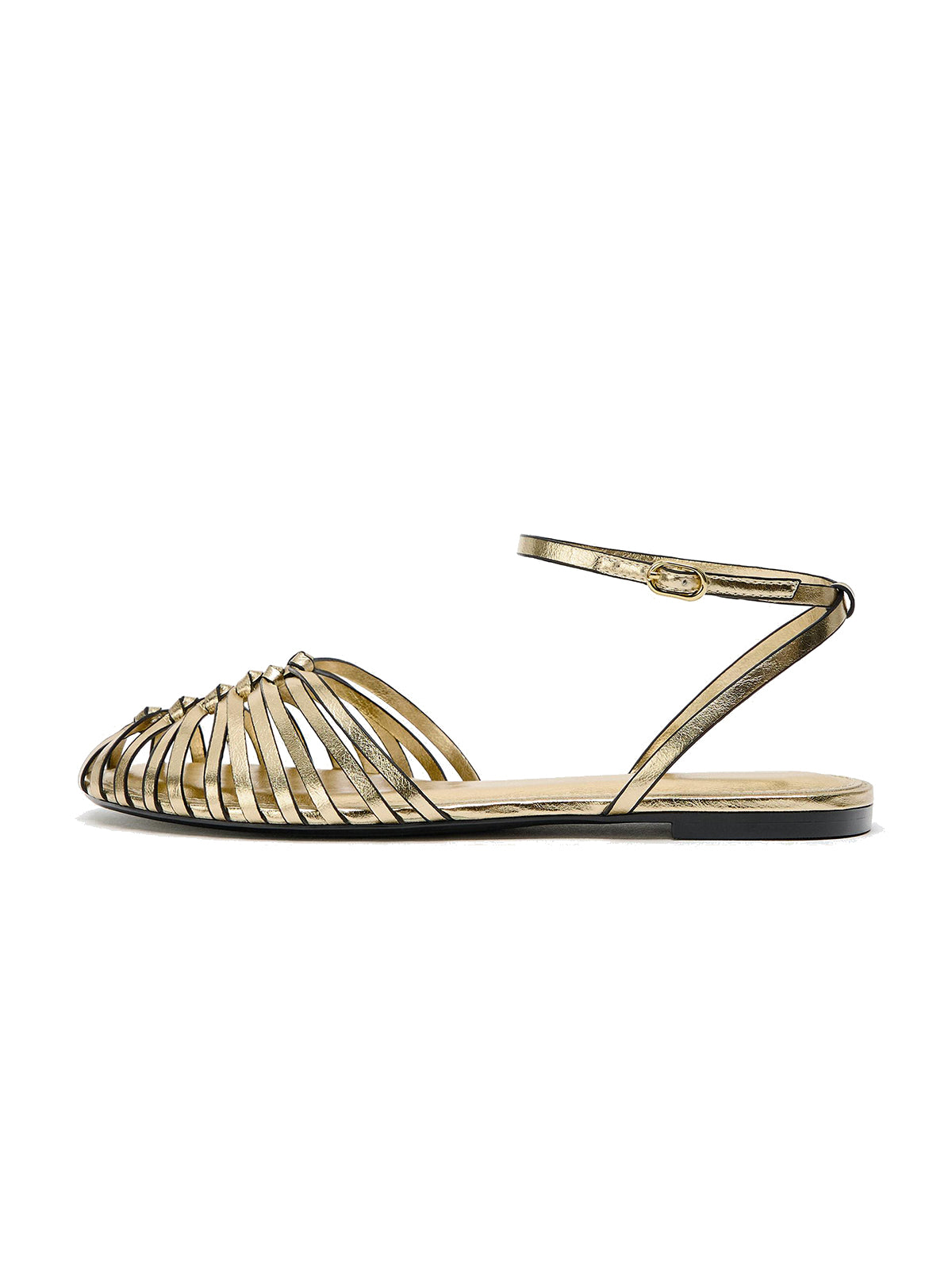 Metallic Gold Woven Vegan Leather Round-Toe Ankle Strap Flats