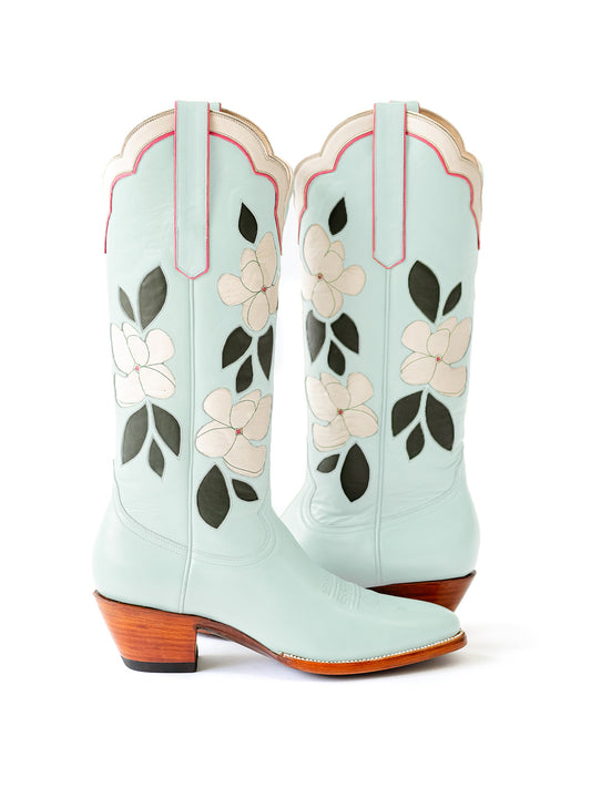Mint Blue Almond-Toe White Flower Inlay Wide Calf Knee High Cowgirl Boots