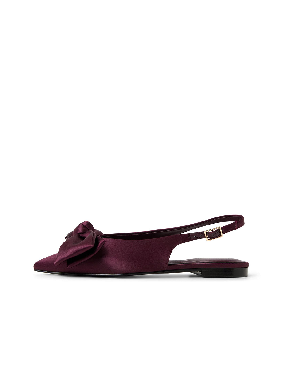 Burgundy Satin Pointed-Toe Front Big Bow Slingback Flats