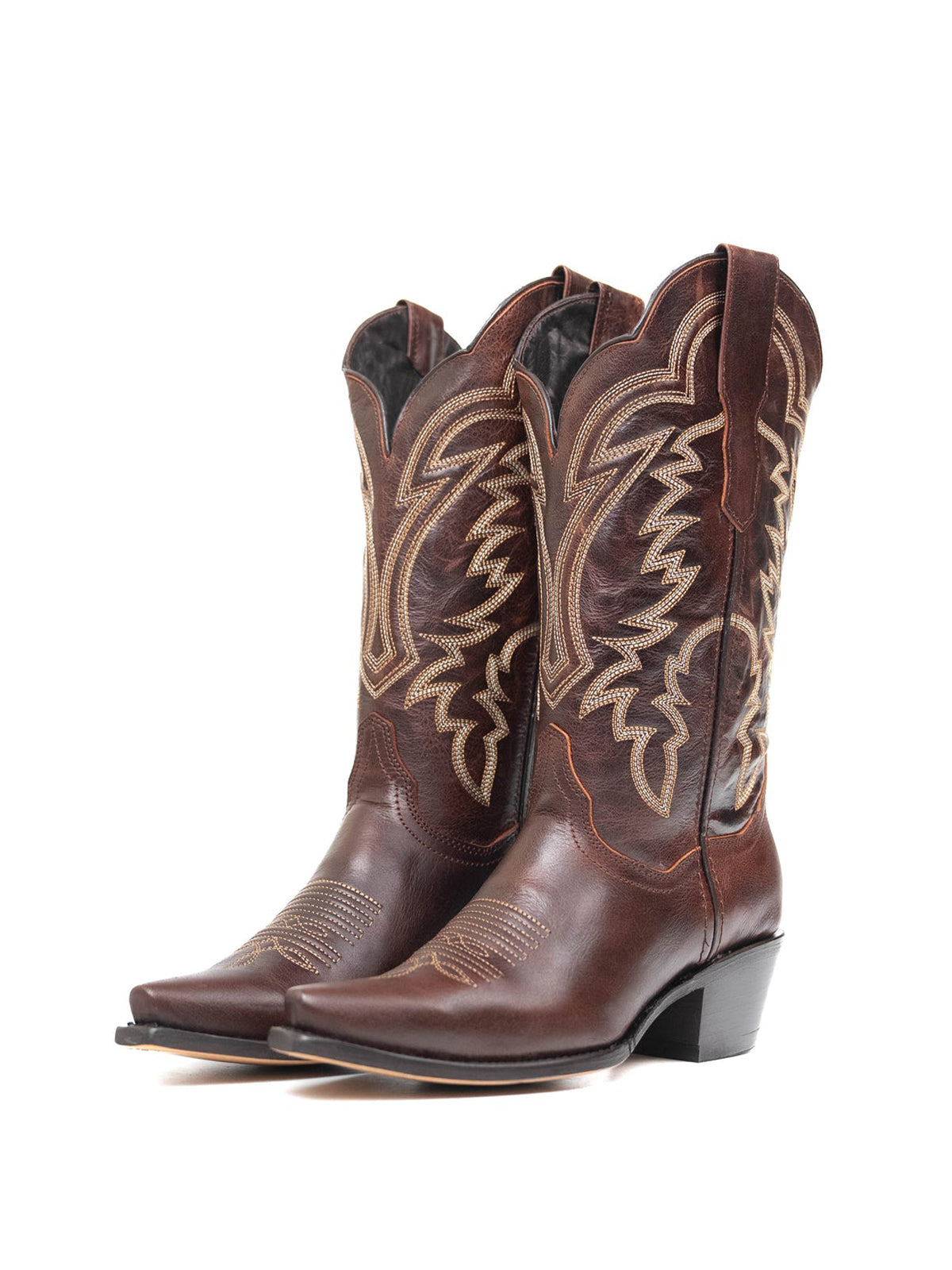 Western Snip-Toe Embroidery Mid Calf Cowgirl Boots - Chocolate