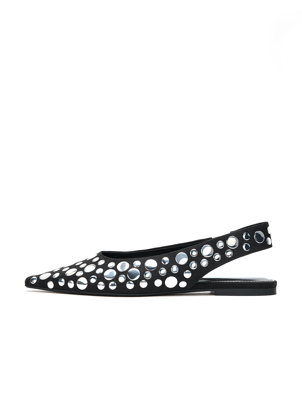 Black Faux Suede Pointed-Toe Full Big Studs And Slingback Flats