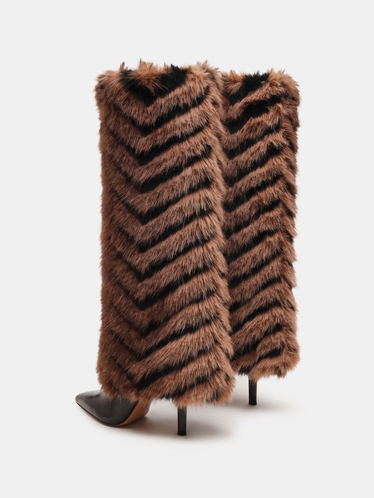Tan And Black Pointed-Toe Plush Shaft Chic Wide Calf Knee High Stiletto Boots