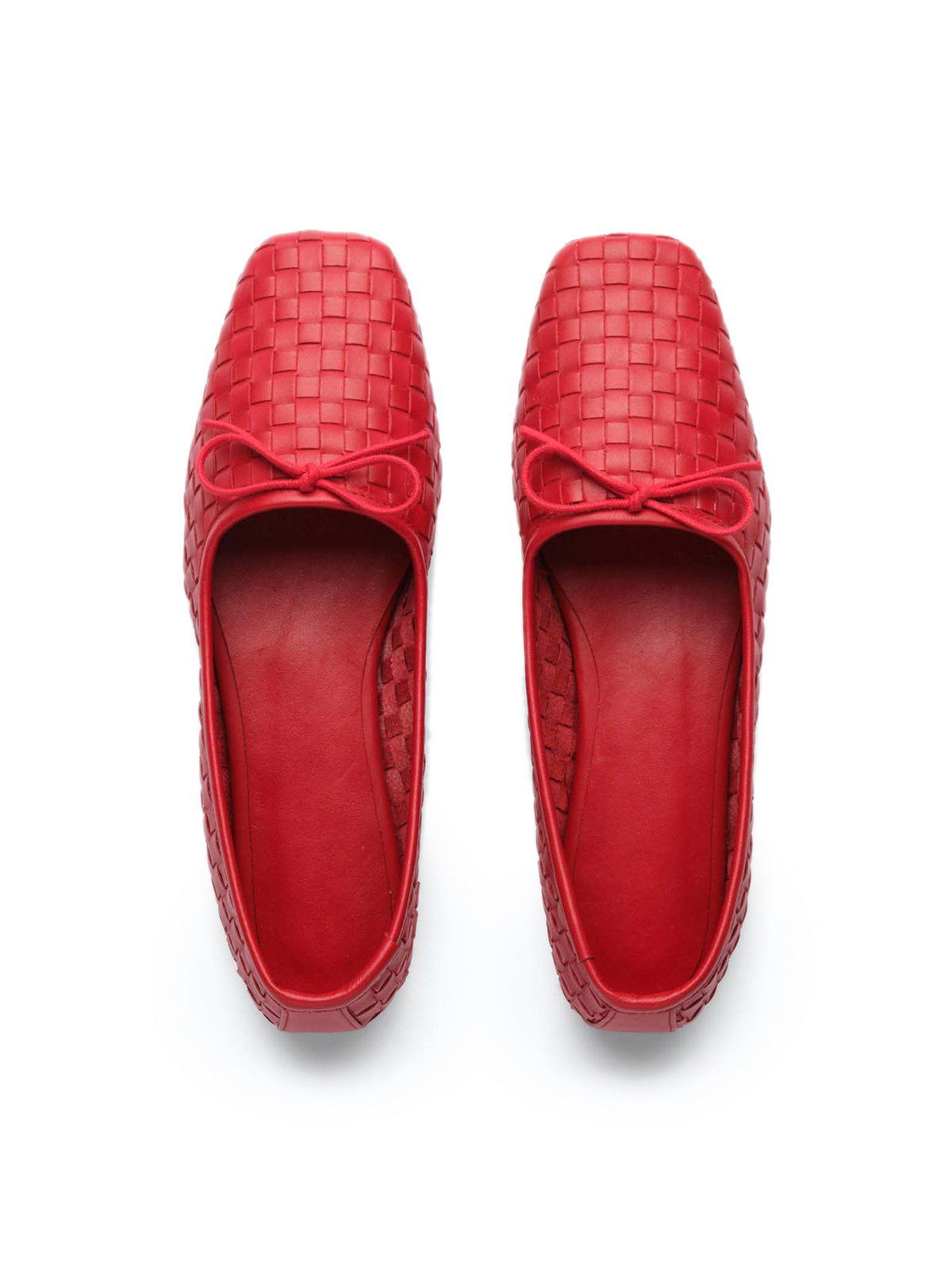 Vegan Leather Woven Square-Toe Bow Ballet Flats - Red