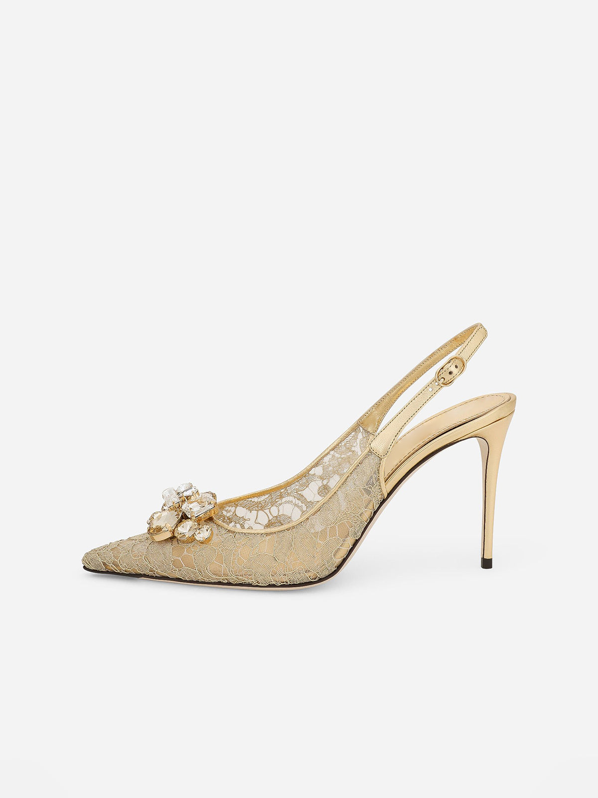 Gold Lace Mesh Pointed-Toe Front Crystals Slingback High Heels Pumps