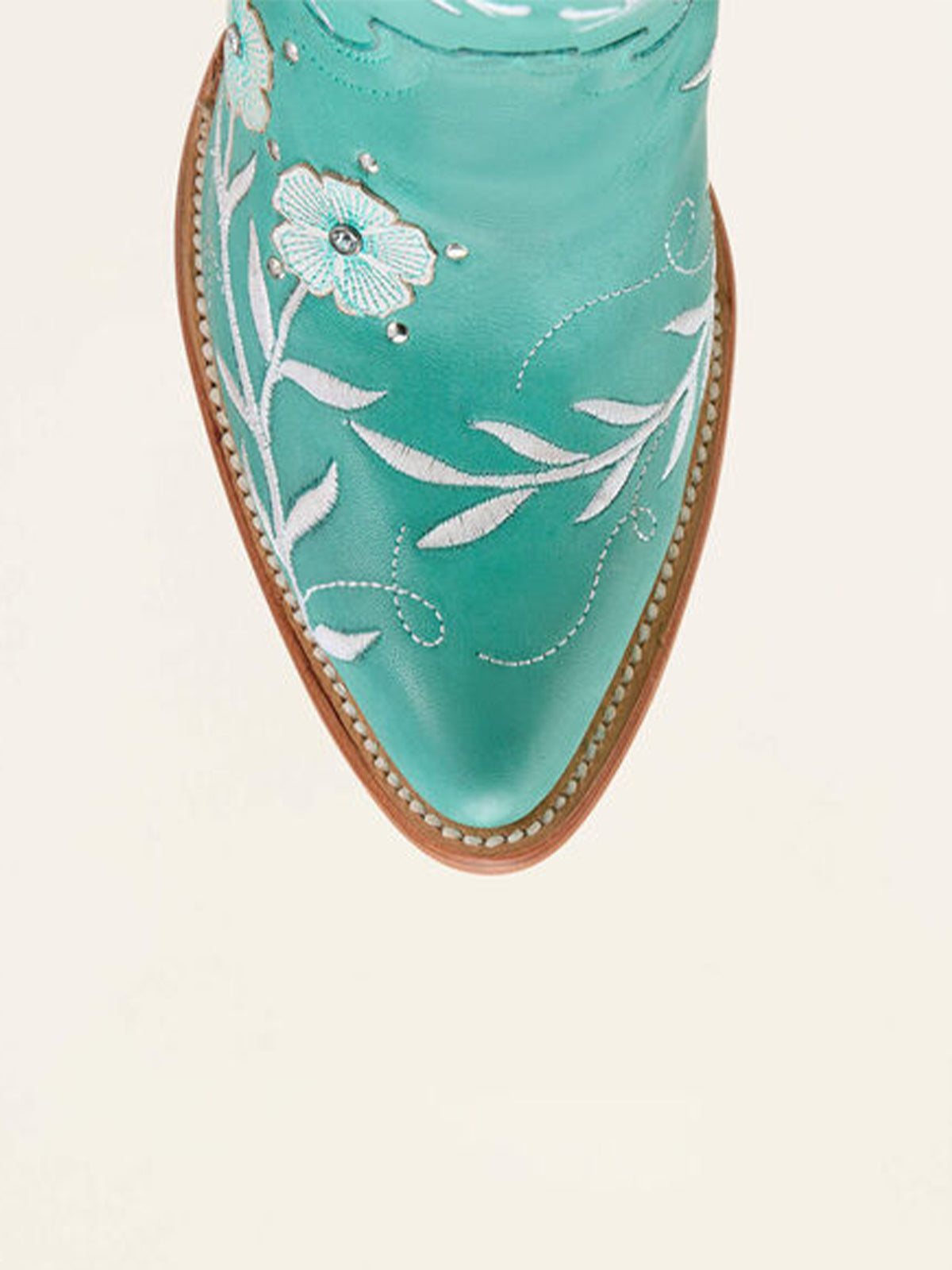 Turquoise Almond-Toe Flower Applique With Studs Mid Calf Embroidery Cowgirl Boots