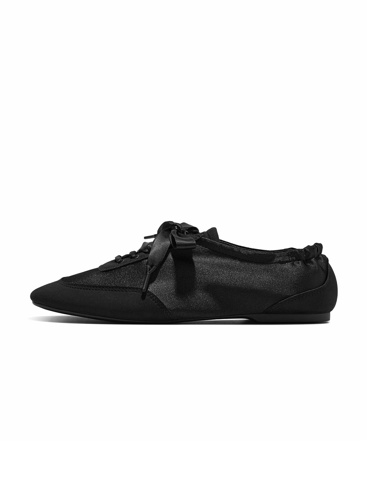 Black Satin And Faux Suede Square-Toe Floral Embroidery Lace-Up Flats