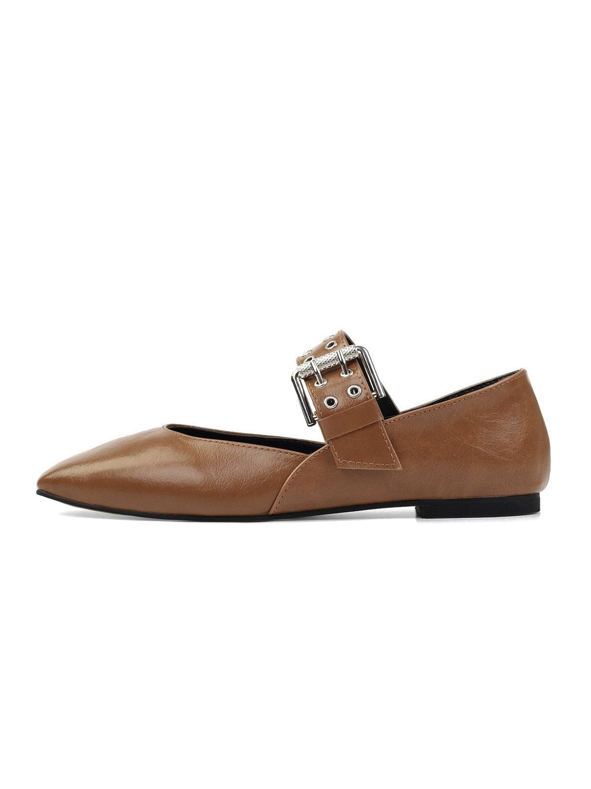 Caramel Square-Toe Buckle Bridge Strap With Eyelets Ballet Flats