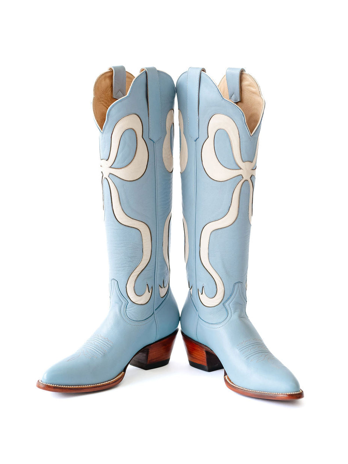 Blue Almond-Toe Wide Calf Western Boots Knee High Tall Boots With White Bowknot Inlay
