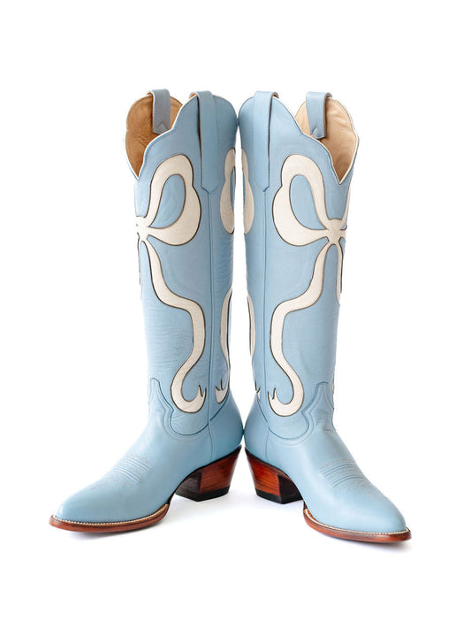 Blue Almond-Toe Wide Calf Western Boots Knee High Tall Boots With White Bowknot Inlay