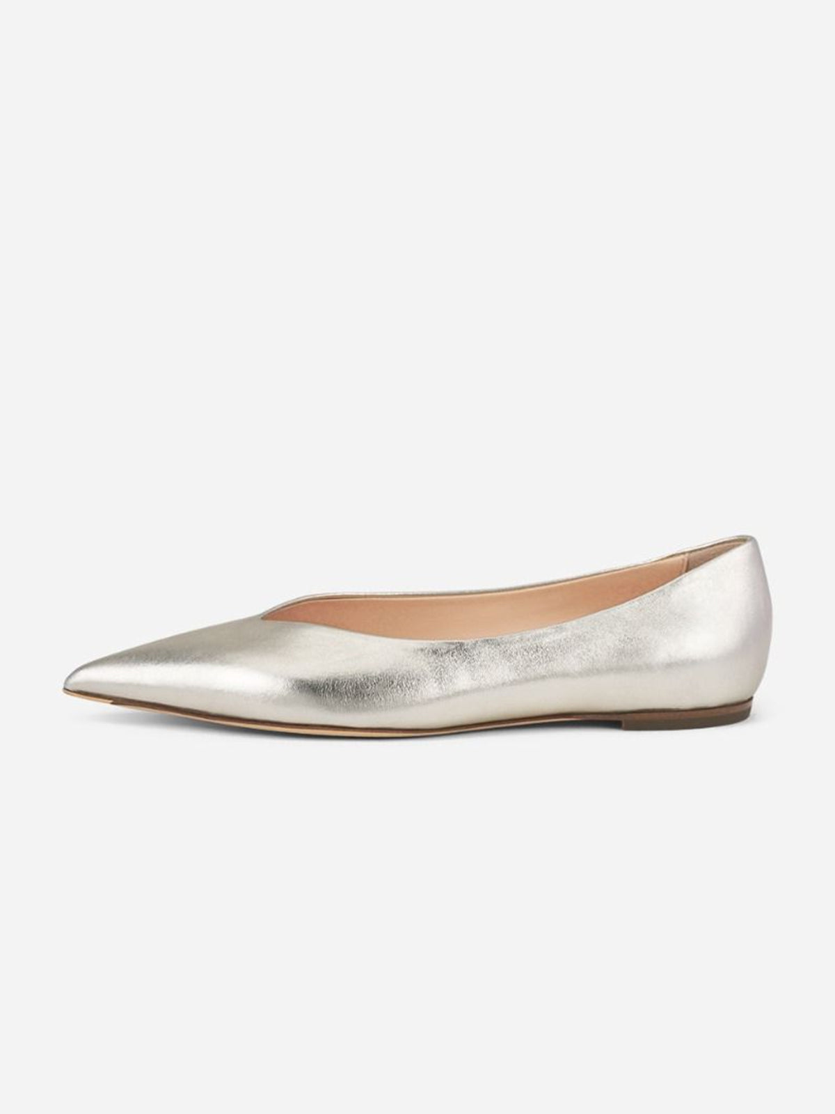 Metallic Silver Pointed-Toe Slip-On Ballet Flats