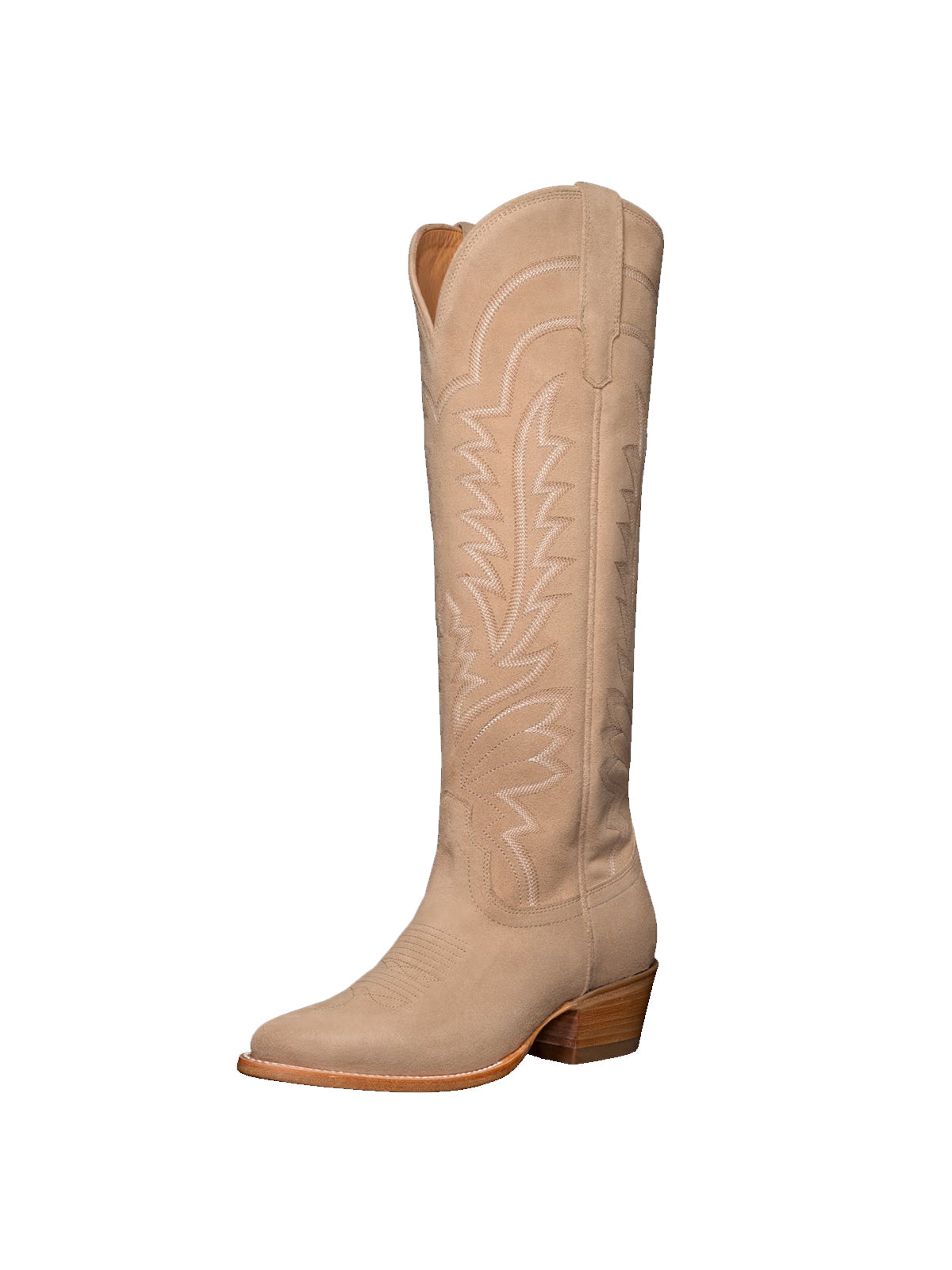 Western Embroidery Almond-Toe Tall Knee High Cowgirl Boots - Sand Faux Suede