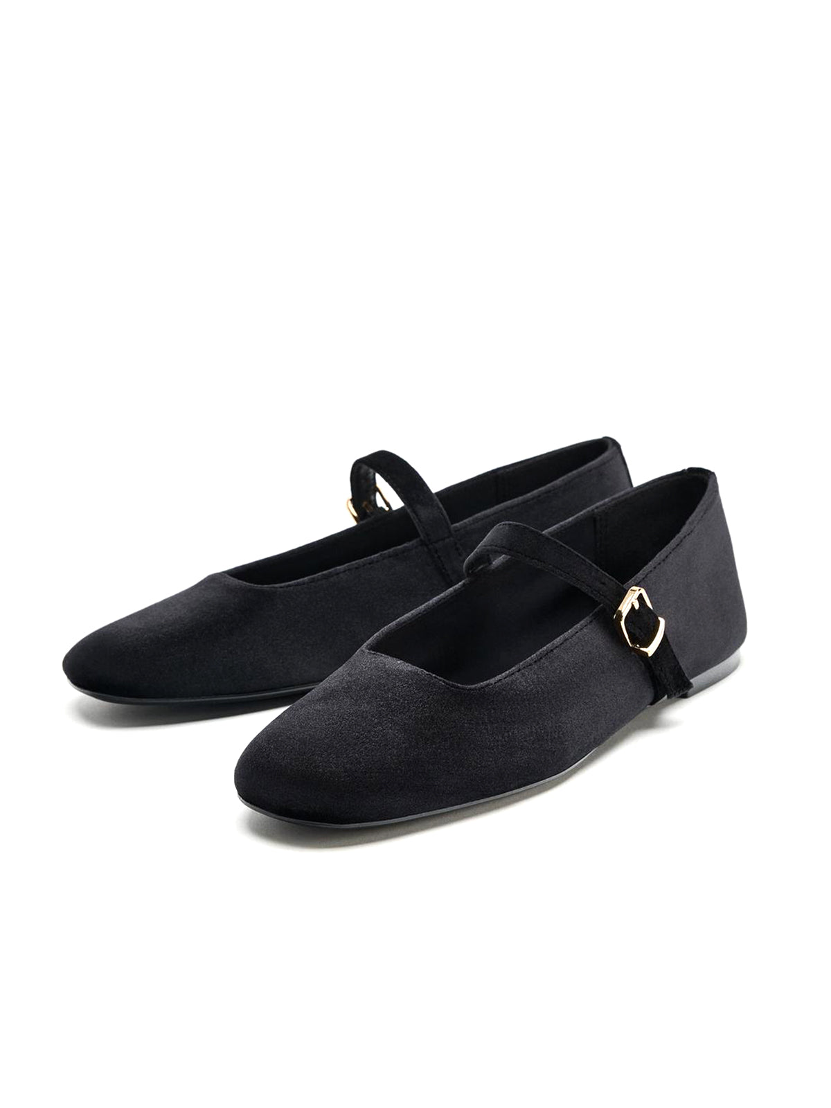 Black Velvet Round-Toe Buckle Mary Jane Ballet Flats