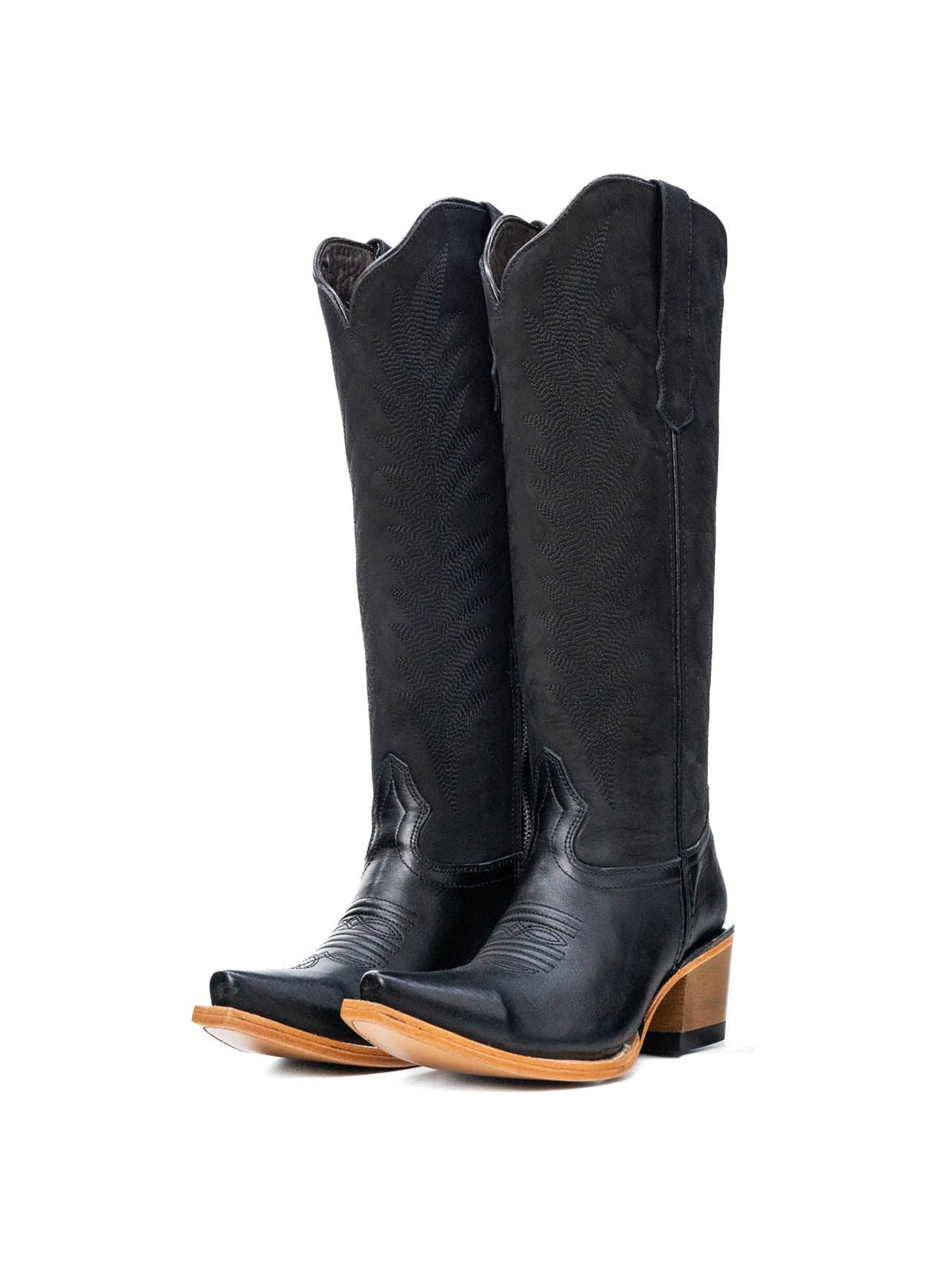 Black Faux Suede And Vegan Leather Snip-Toe Embroidery Half-Zip Knee High Chic Cowgirl Boots
