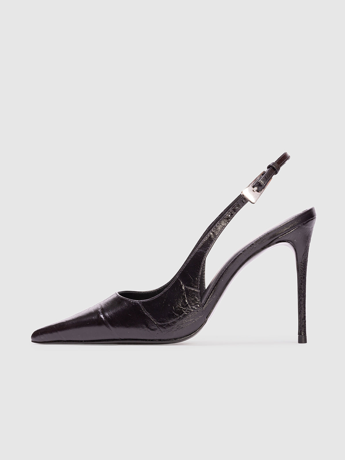 Black Pointed-Toe Crocodile Print Slingback High Heels