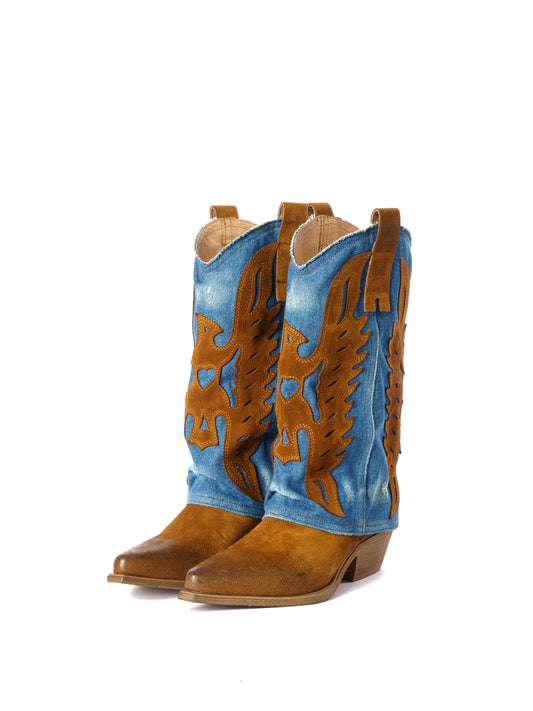 Brown Snip-Toe Eagle Applique Blue Denim Fold-Over Mid Calf Cowgirl Boots