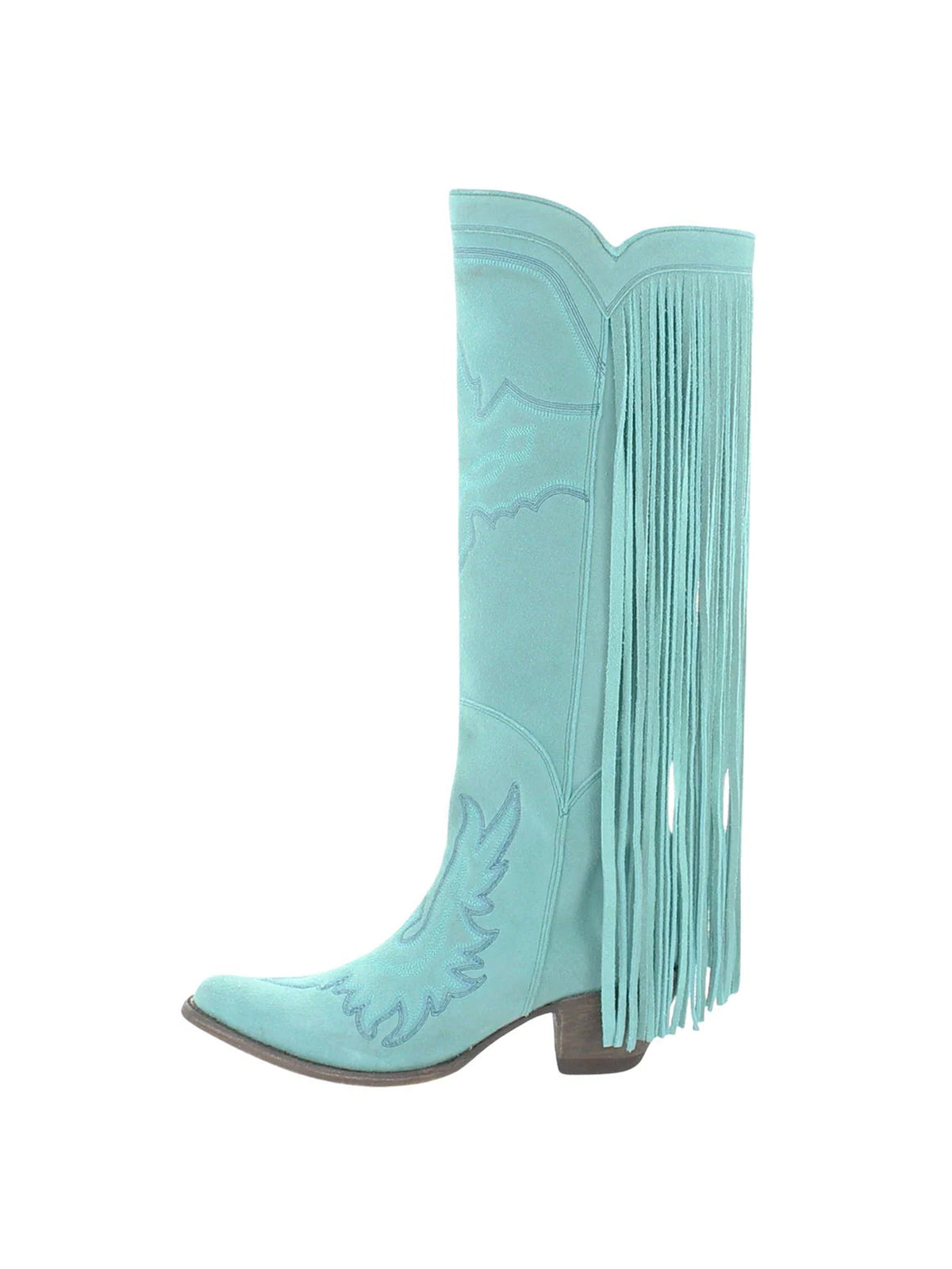 Almond-Toe Faux Suede Fringe Full-Zip Embroidery Knee High Cowgirl Boots - Turquoise
