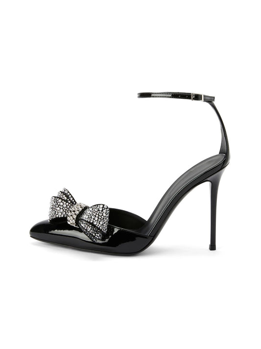 Patent Black Pointed-Toe Front Rhinestones Bow Ankle Strap High Heels