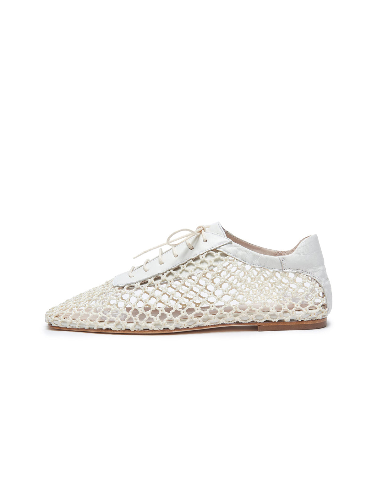 Ivory Mesh And Vegan Leather Square-Toe Lace-Up Chic Flats