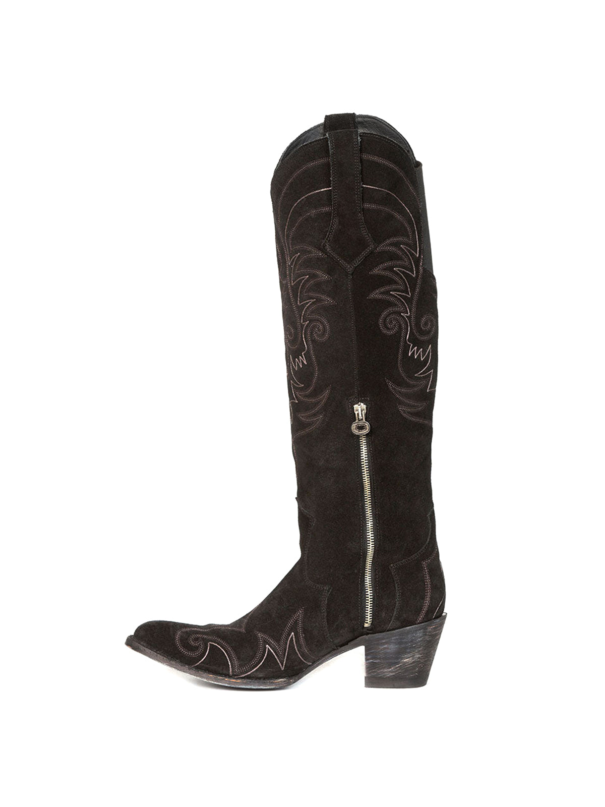 Side-Zip Pointed-Toe Chic Embroidery Wide Calf Knee High Cowgirl Boots - Black